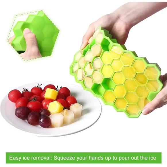 Clazkit Flexible Silicone Honeycomb 37 Cavity Ice Cube Tray with Lid for Freezer Moulds Small Cubes Whiskey Fridge Bar Soft Ice Cube Tray -Color May Vary-Pack of 2
