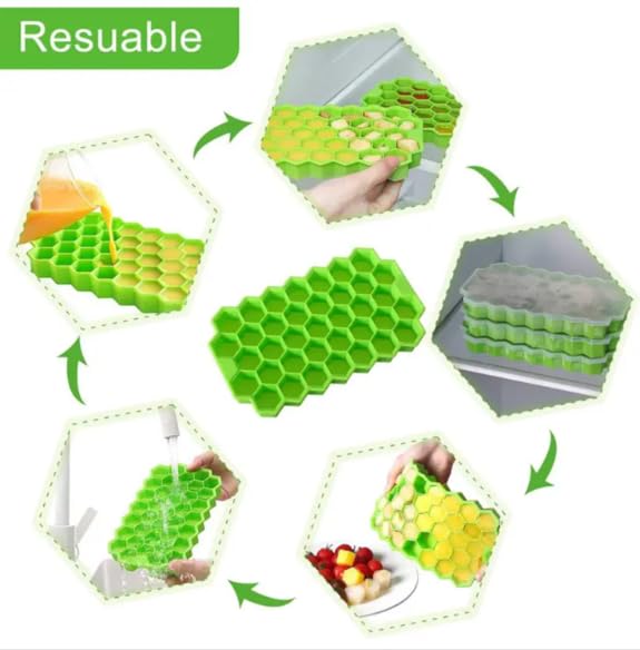 Clazkit Flexible Silicone Honeycomb 37 Cavity Ice Cube Tray with Lid for Freezer Moulds Small Cubes Whiskey Fridge Bar Soft Ice Cube Tray -Color May Vary-Pack of 2
