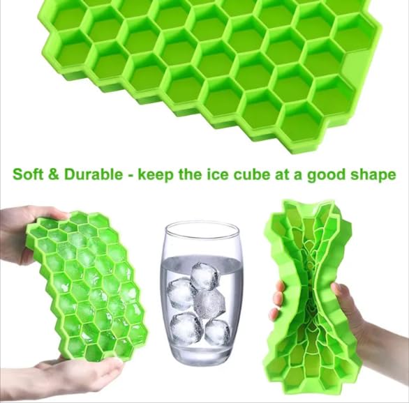 Clazkit Flexible Silicone Honeycomb 37 Cavity Ice Cube Tray with Lid for Freezer Moulds Small Cubes Whiskey Fridge Bar Soft Ice Cube Tray -Color May Vary-Pack of 2