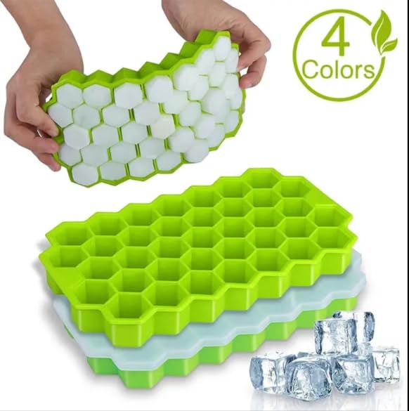 Clazkit Flexible Silicone Honeycomb 37 Cavity Ice Cube Tray with Lid for Freezer Moulds Small Cubes Whiskey Fridge Bar Soft Ice Cube Tray -Color May Vary-Pack of 2